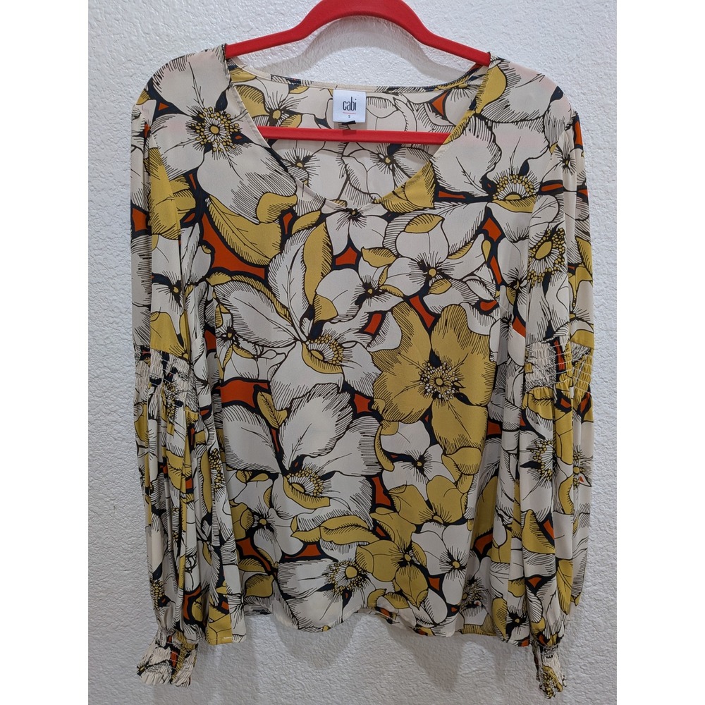 Cabi Blouse Long Sleeve S Floral V Neck Lightweight Yellow White Smocked Sleeve